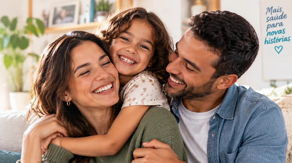 Família se abraçando e sorrindo no sofá